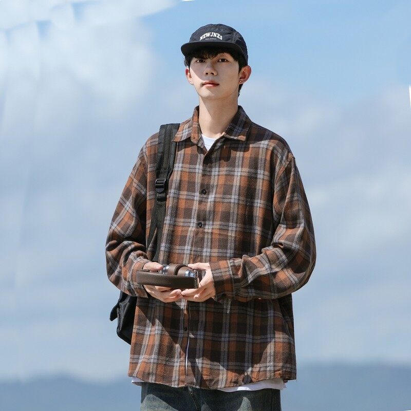 Spring plaid long sleeve large size loose shoulder shirt