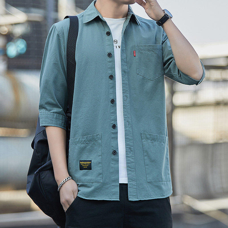 Pure cotton three-quarter sleeve shirt for middle-aged and elderly men casual loose thin mid-sleeve shirt
