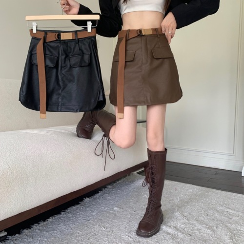 High-waisted cool hot girl workwear skirt for women in autumn slimming and anti-exposure A-line hip bag leather skirt