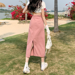 Dirty pink high waist slit denim skirt for women new spring mid-length crotch-covering A-line hip skirt
