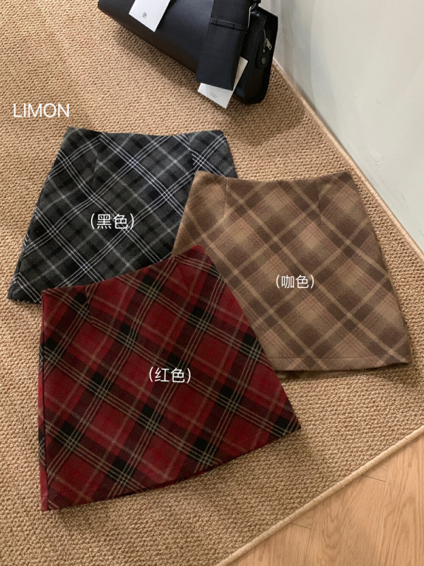 THE LIMON lemon green tea retro plaid material skirt women's autumn and winter high waist hip A version short skirt
