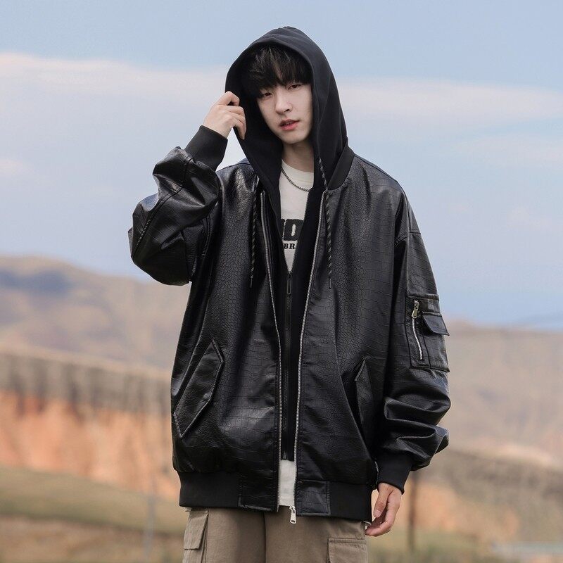 Fake two-piece handsome American retro lapel motorized leather jacket