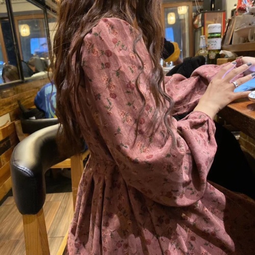 New corduroy floral sweet crotch-covering long skirt autumn slimming high-waisted fairy rose dress for women
