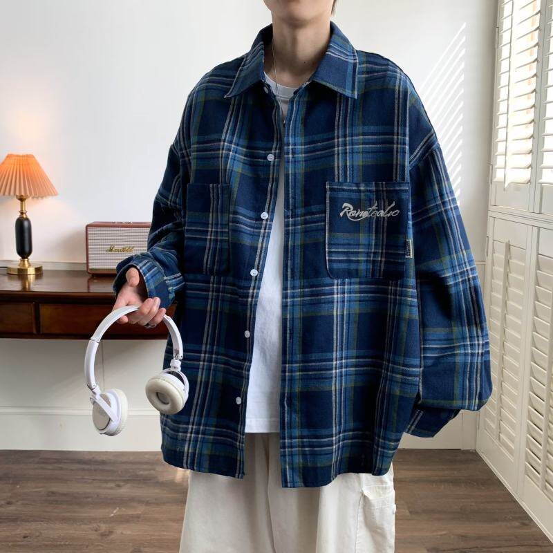 Plaid casual long-sleeved shirt men's spring and autumn trendy brand loose new winter clothing boys' lapel shirt jacket