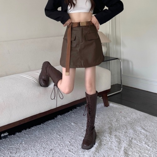 High-waisted cool hot girl workwear skirt for women in autumn slimming and anti-exposure A-line hip bag leather skirt
