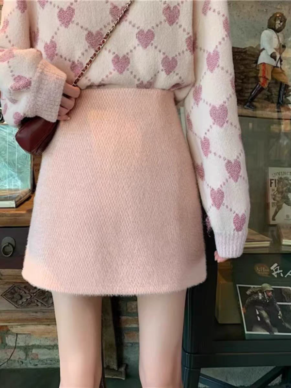 New pink mink velvet skirt for women in autumn and winter thickened A-line skirt for small people with high waist and hip skirt