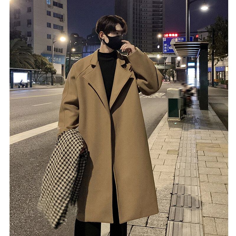 Korean style buckleless simple belt mid-length woolen coat windbreaker jacket