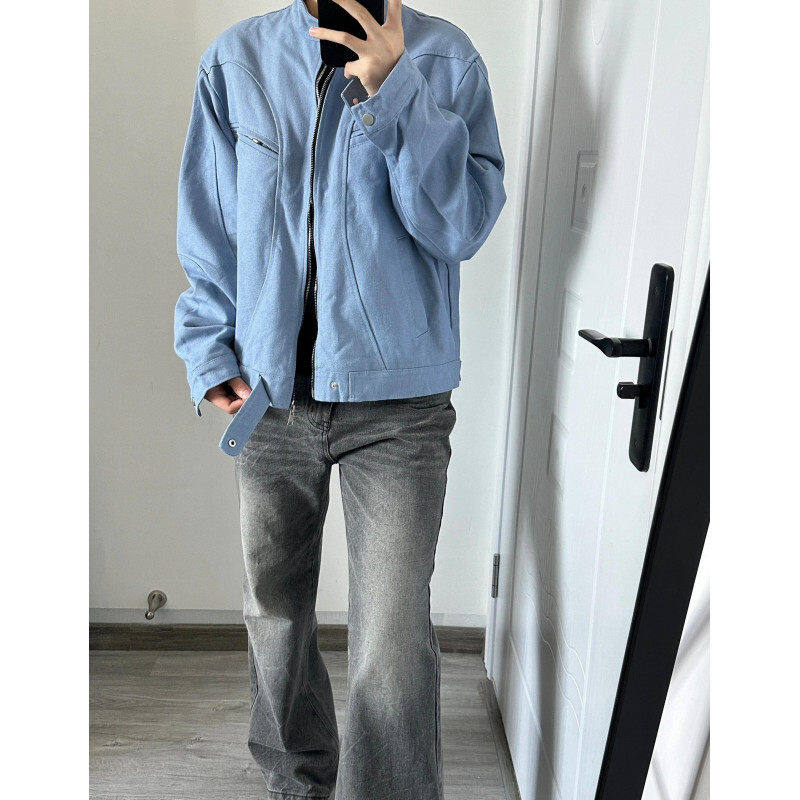 Glacier Blue Stand Collar Jacket Men's High-end Handsome Spring and Autumn Work Jacket