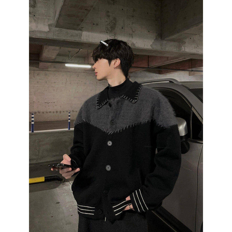 Contrast color splicing knitted cardigan lapel jacket men's autumn and winter trendy casual loose woolen clothes