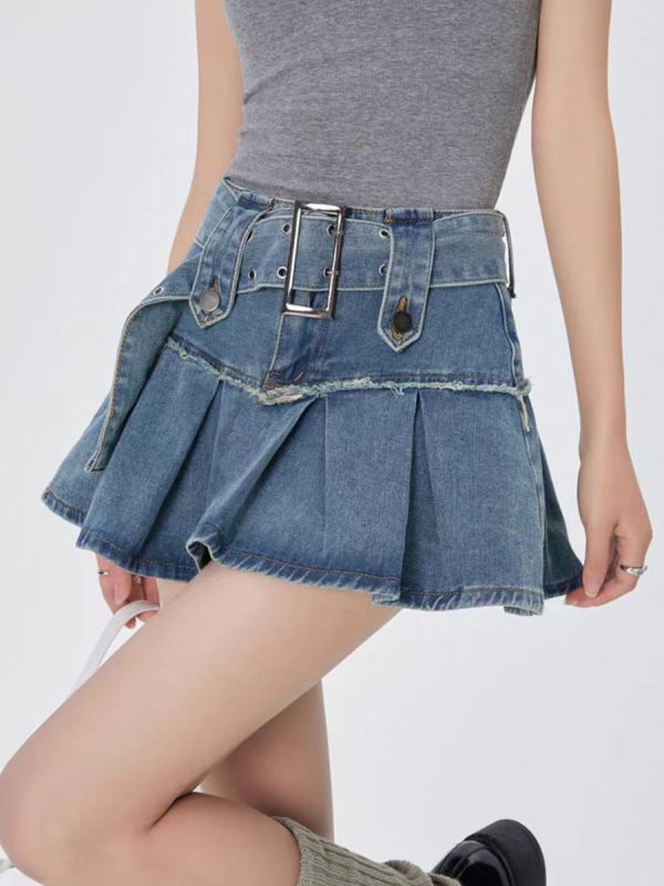 European and American high-waisted pleated skirt summer new denim short skirt hot girl slimming A-line skirt