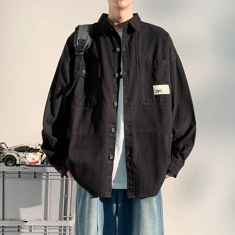 Men's autumn new Hong Kong style loose cotton long-sleeved shirt