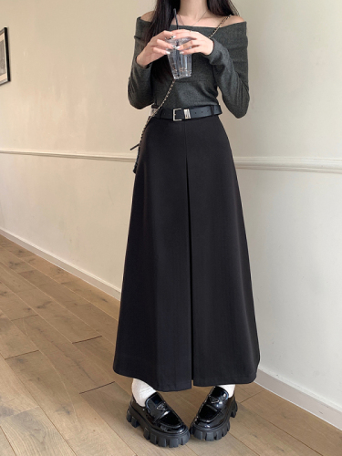 Free belt ~ Retro high-waisted woolen skirt with large skirt, winter lengthened version slimming mid-length skirt