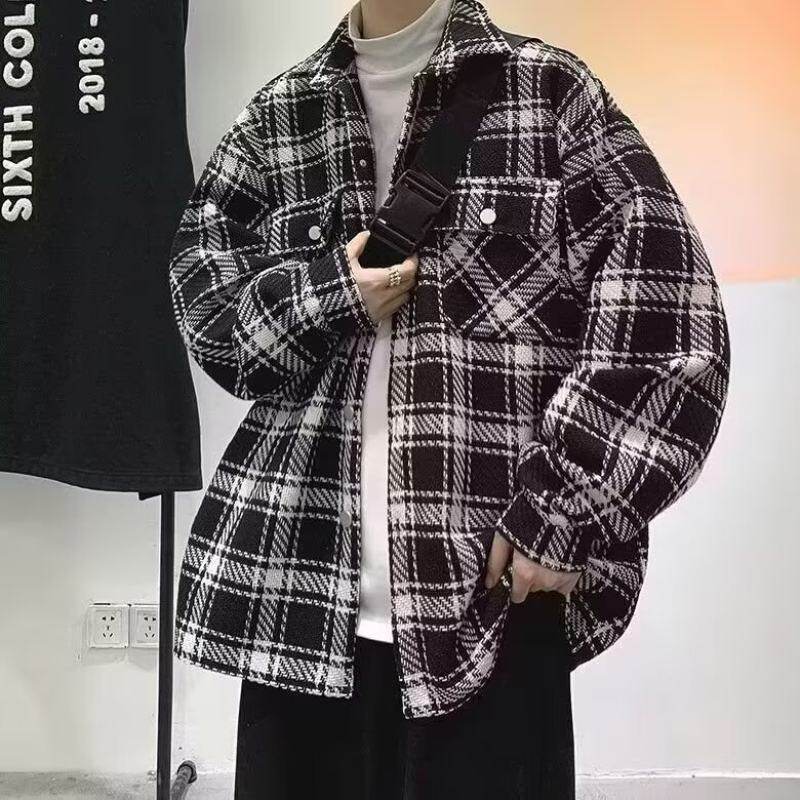 Lapel small fragrance shirt jacket men's autumn and winter plaid shirt loose work jacket jacket