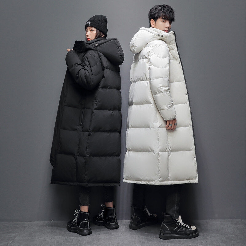 Large size hooded trendy brand solid color school uniform group outdoor workwear duck down down jacket couple long solid color