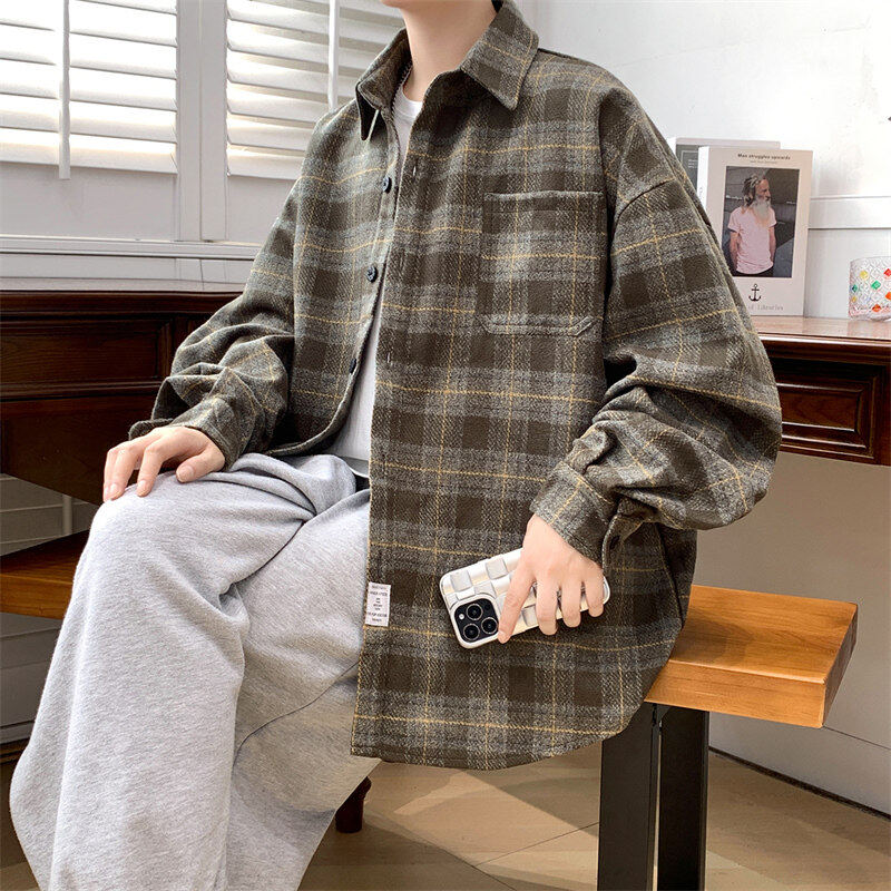 Autumn and winter trendy loose woolen thickened plaid shirt