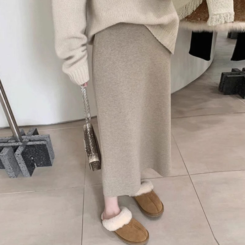 150cm soft waxy knitted skirt for small women in winter medium-length straight hip-hugging skirt high-waisted slimming A-line skirt
