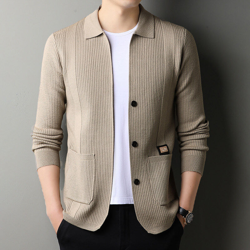 Men's cardigan spring and autumn outer wear lapel long-sleeved men's new knitted fashion casual sweater jacket