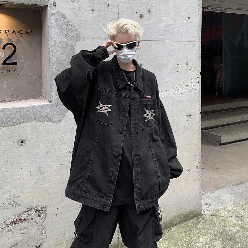 Men's Denim Jacket Autumn Geometric Pattern Print Lapel Jacket for Boys