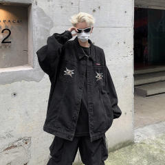 Men's Denim Jacket Autumn Geometric Pattern Print Lapel Jacket for Boys