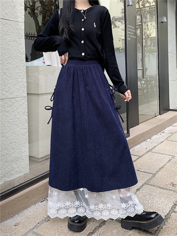 New autumn and winter corduroy spliced ​​lace skirt covers the crotch and shows slimming A-line long skirt