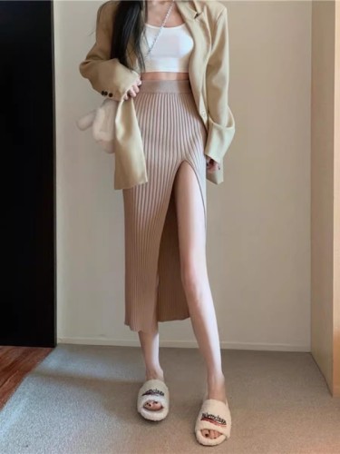 Hot girl sexy knitted skirt women's spring and autumn slim slit hip skirt high waist skirt slimming long skirt for small people