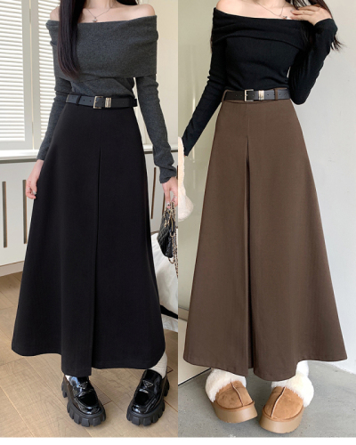 Free belt ~ Retro high-waisted woolen skirt with large skirt, winter lengthened version slimming mid-length skirt