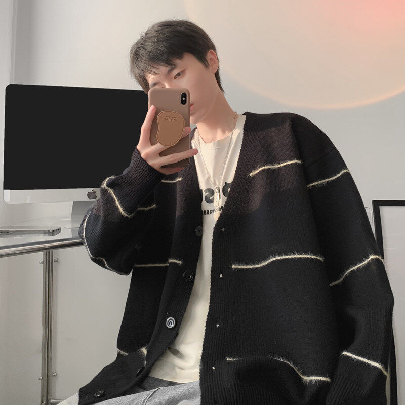 Autumn new Hong Kong style American striped cardigan V-neck sweater men's lazy trend