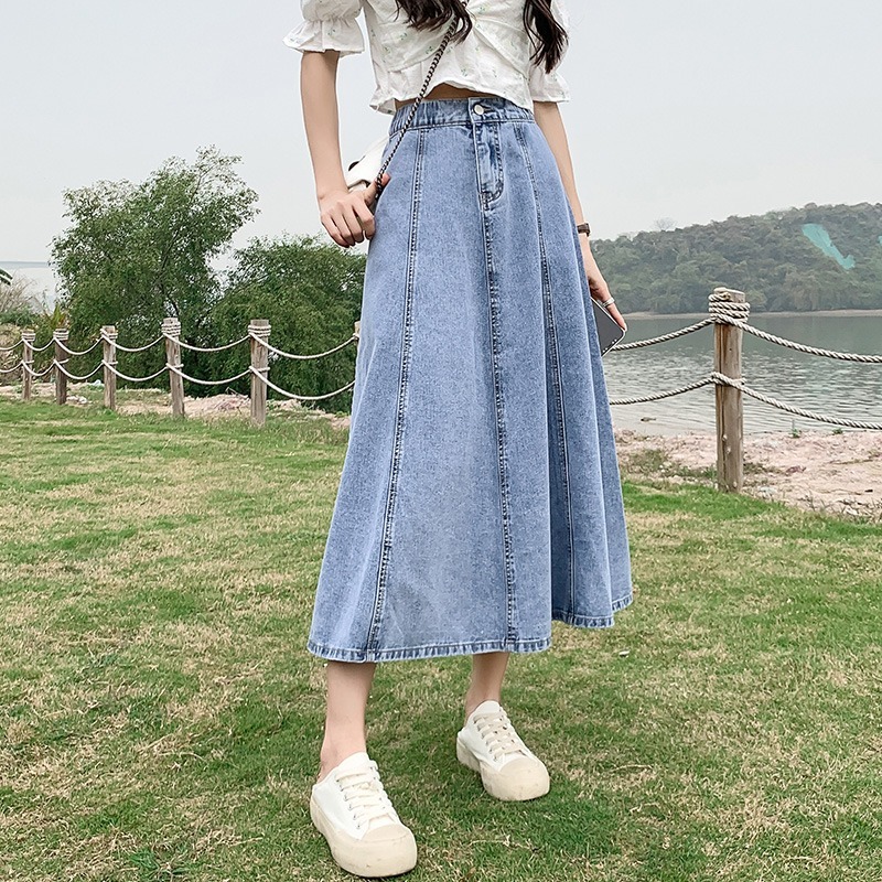 Mid-length skirt, new summer mid-length denim skirt, pleated high-waisted, slim and drapey umbrella skirt