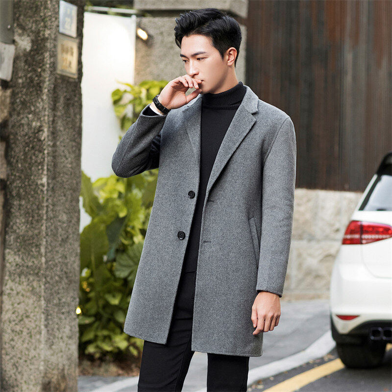 Autumn and winter new wool cashmere coat men's loose casual woolen thickened mid-length woolen coat slim fit