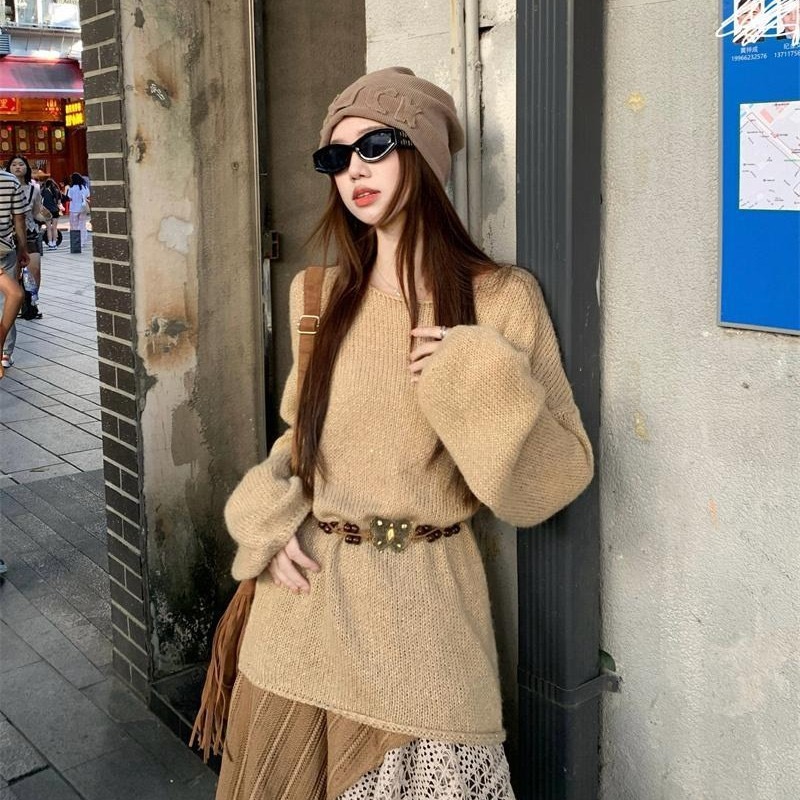 kumikumi lazy retro suit long-sleeved off-shoulder sweater women's autumn high-waisted slim skirt two-piece set