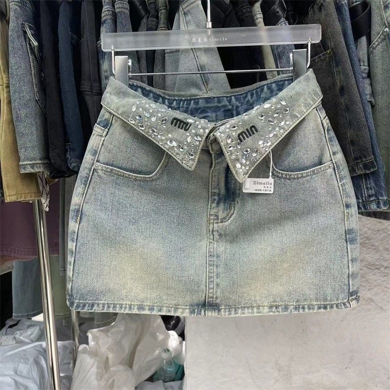 New style lapel design, diamond embroidery, light blue denim A-line skirt, hot girl short skirt