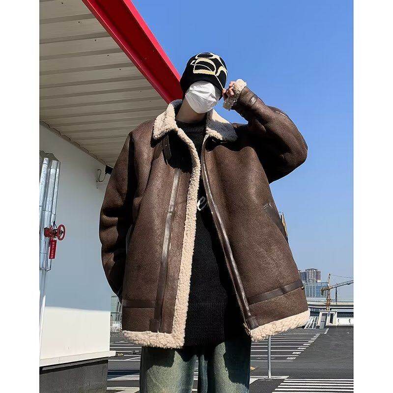 Winter fur one-piece lambswool jacket for men with stand collar suede plus velvet thickened leather jacket
