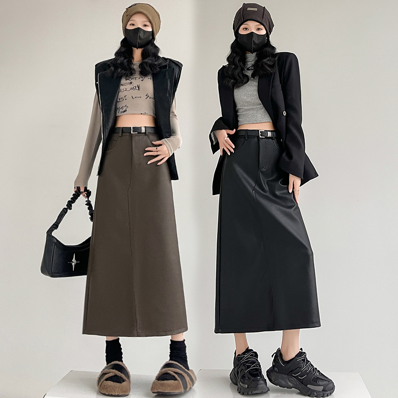 High-quality PU leather skirt for women, autumn and winter high waist hip-covering one-step skirt with rear slit, A-line long skirt with belt
