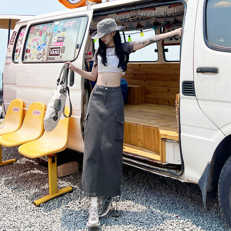Mid-length irregular drawstring high-waist slim denim skirt