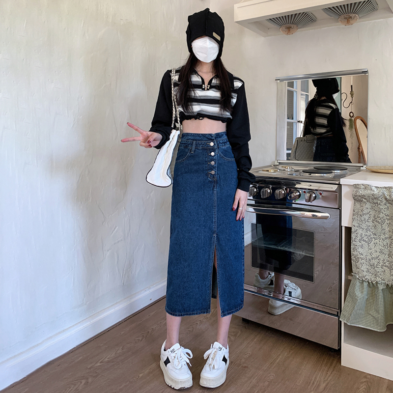 High-waisted denim skirt for women spring new Hong Kong style slit mid-length casual retro slim skirt
