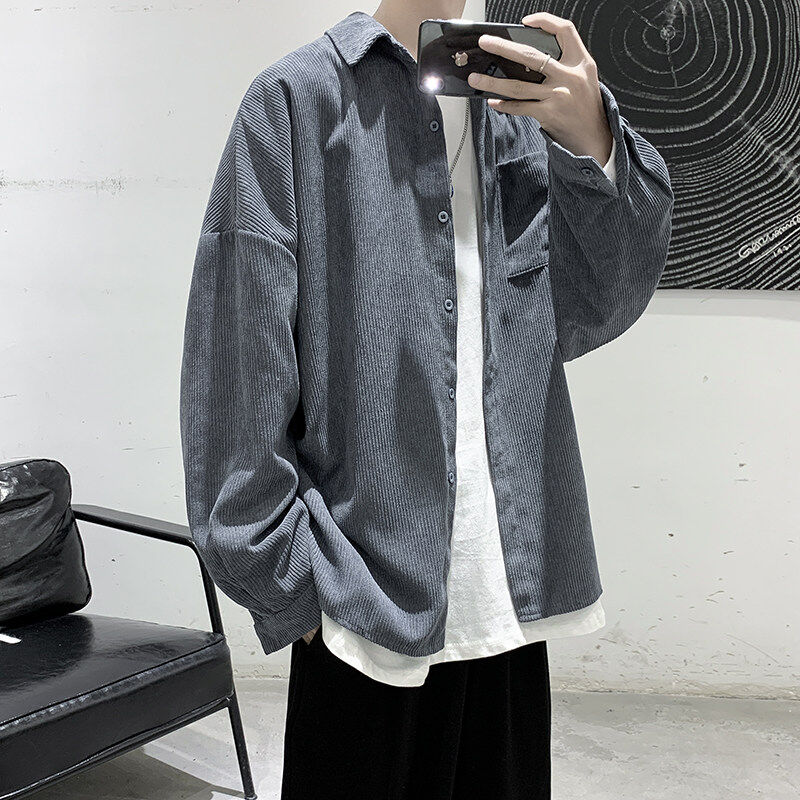 Men's loose corduroy solid color long sleeve shirt