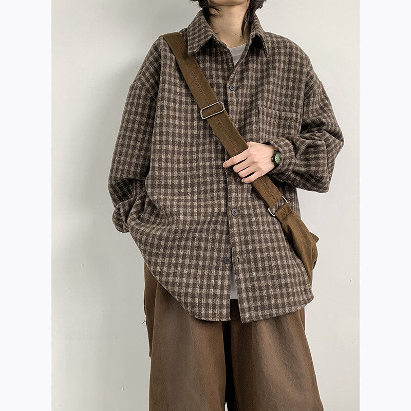 Trendy brand versatile plaid shirt Japanese retro loose shirt jacket for men