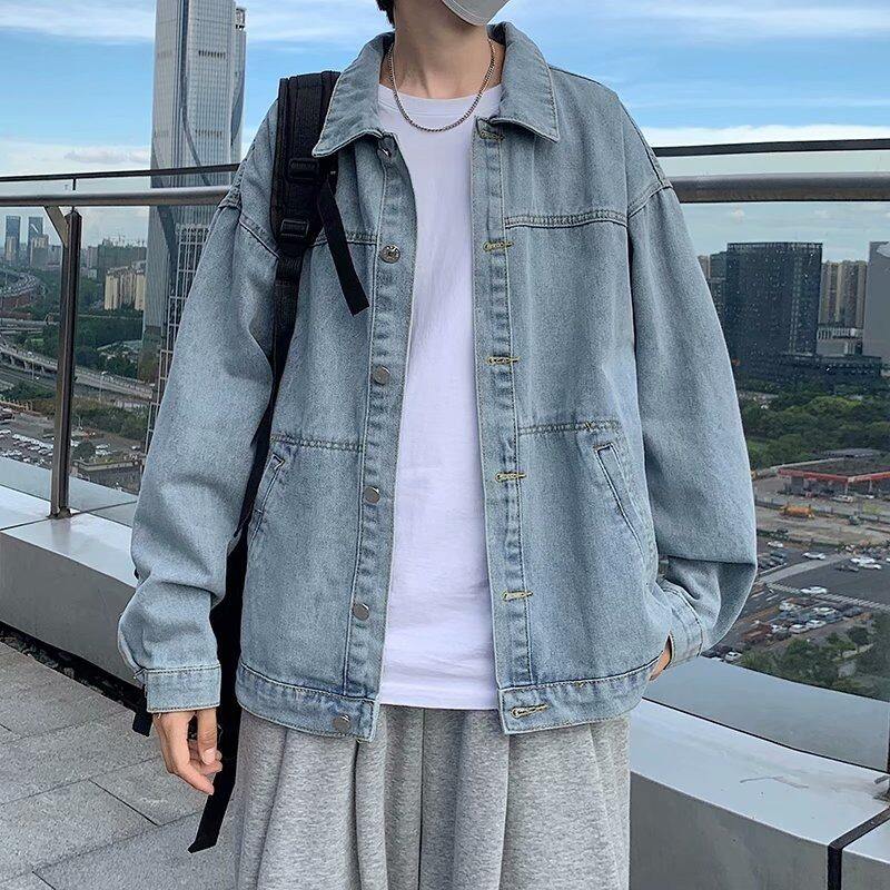 Spring and Autumn Hong Kong Style Loose Retro Denim Jacket Men's Korean Style Student Trendy Jacket