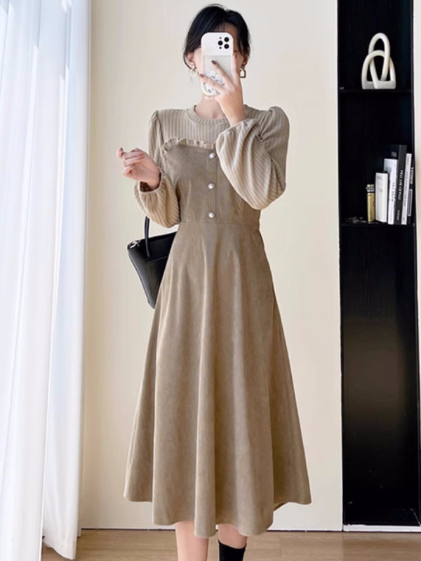 Hepburn style corduroy splicing fake two-piece dress for women spring and autumn gentle long skirt French style inner bottoming winter skirt