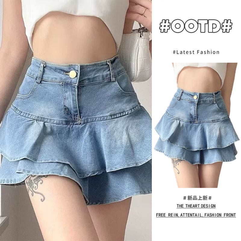 Double-layer ruffled denim skirt for women, retro, versatile, small cake skirt, high-waisted slimming skirt, retro blue