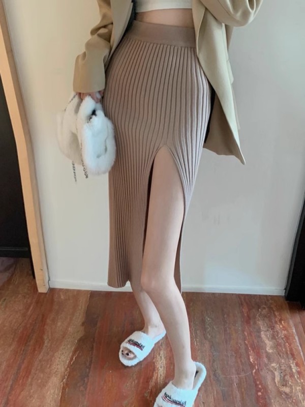 Hot girl sexy knitted skirt women's spring and autumn slim slit hip skirt high waist skirt slimming long skirt for small people