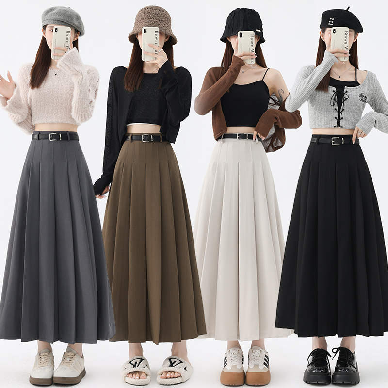 Real shot of skirt for women, high-waisted slim pleated skirt with belt, high-waisted suit, long skirt, elegant and fashionable skirt