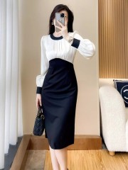 Autumn women's new high-end French style slimming belly-covering and age-reducing black fragrant dress