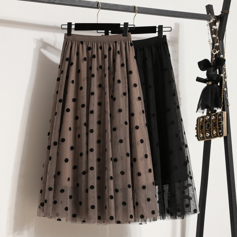 Plus size women's clothing for fat mm autumn and winter fashion trendy polka dot flocking mesh skirt high waist slimming large hem skirt