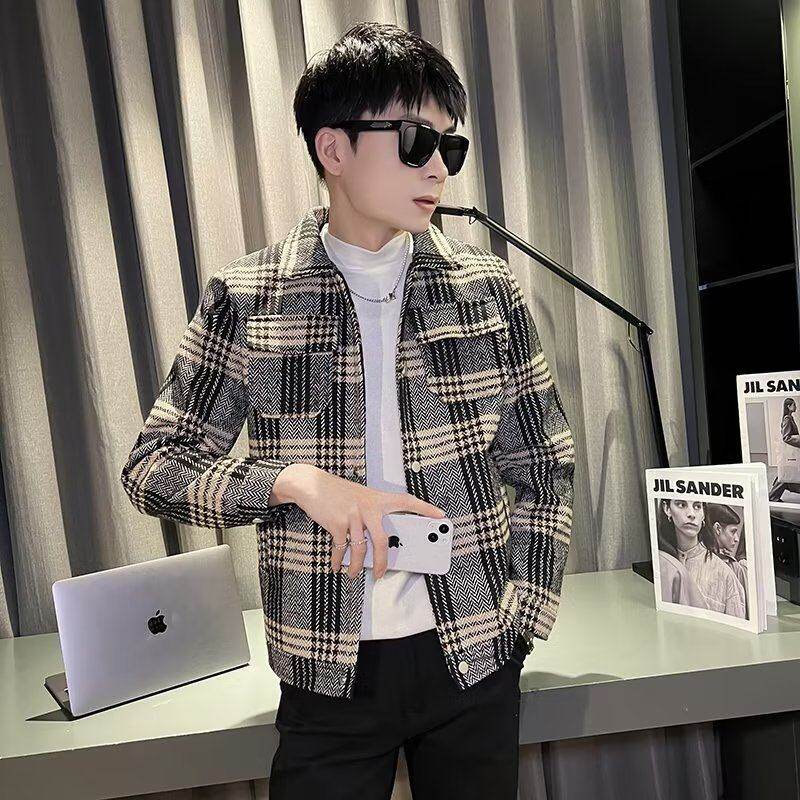 Pizhuai plaid woolen jacket men's spring and autumn trendy slim, handsome and high-end sense
