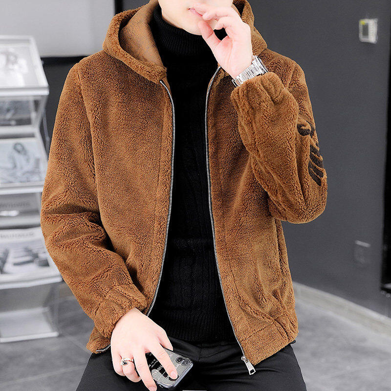 Jacket jacket men's thickened warm autumn and winter young and middle-aged men's casual warm lamb wool hooded men's top