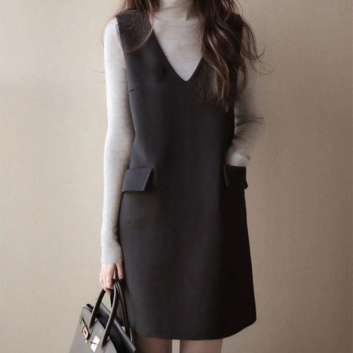 Fashionable little fragrant woolen tank top dress for women spring waist slimming bottoming little black dress ladylike temperament dress