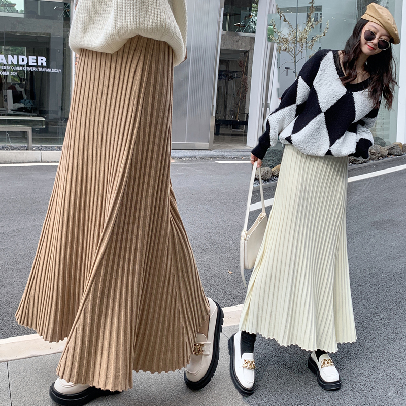 Knitted skirt women's large size umbrella skirt mid-length autumn and winter high waist hip A-line skirt covering the slimming long skirt