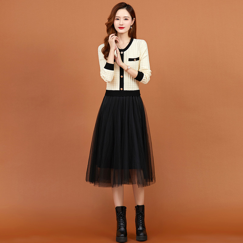Mesh skirt over the knee bottoming dress autumn and winter women's new slimming temperament splicing skirt for women