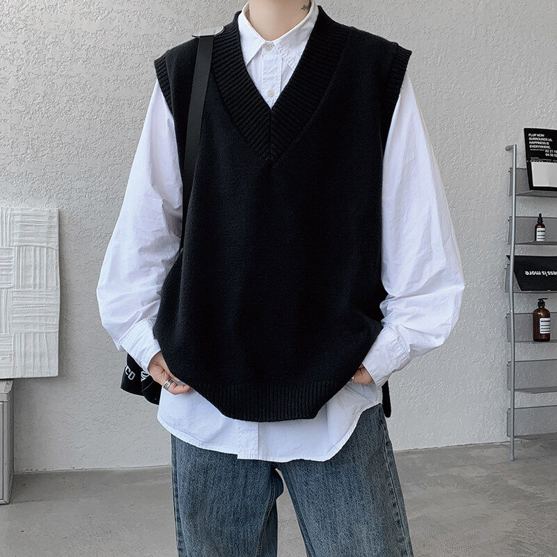 Knitted V-neck sweater vest side hem slit vest men's layered jacket Japanese style lazy waistcoat